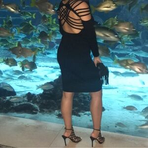 Lost Ink Black Long Sleeve Dress bodycon strappy cut out back and shoulders EUC